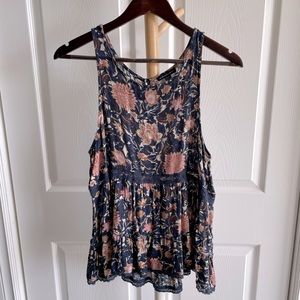 Blue Floral American Eagle Flowy Tank Top with Crochet Detail, Size Medium